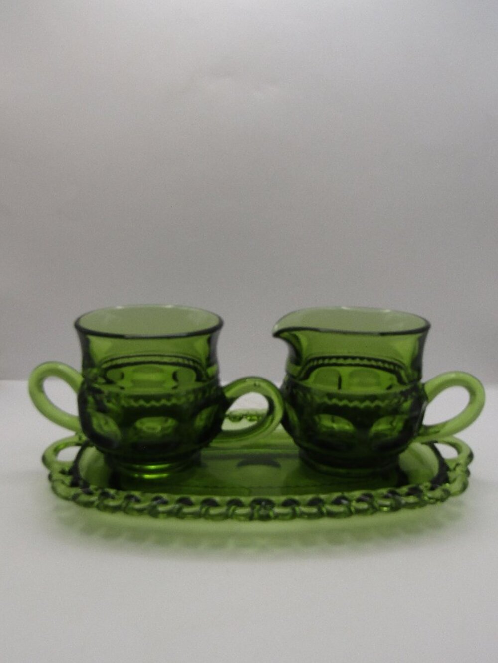 Indiana Glass Three Piece Green Cream and Sugar With Tray Set
